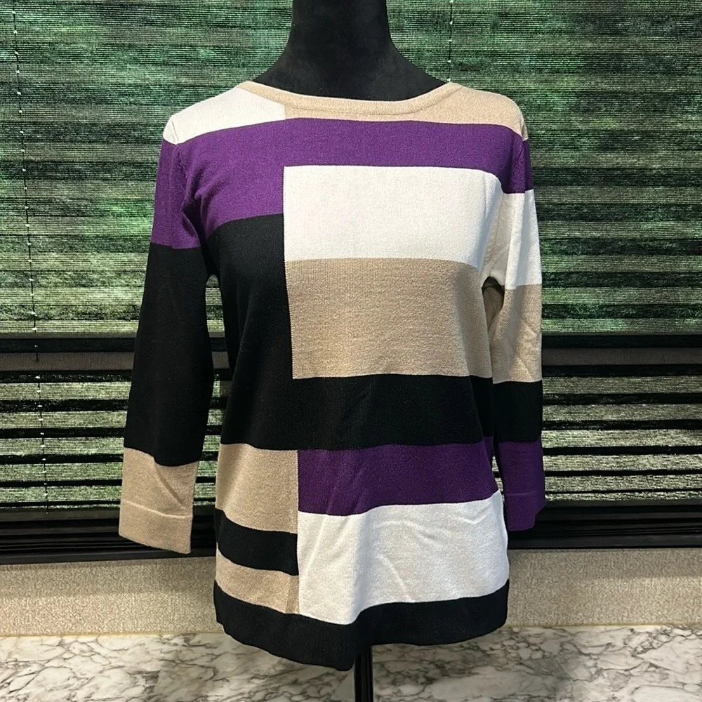 Carol Rose Women’s Colorblock‎ 3/4 Sleeve Crewneck Sweater Petite Small